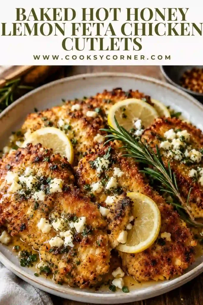 Crispy baked chicken cutlets covered with creamy feta and a sweet-spicy hot honey lemon glaze. Fresh parsley and lemon brighten the golden panko and Parmesan crust.