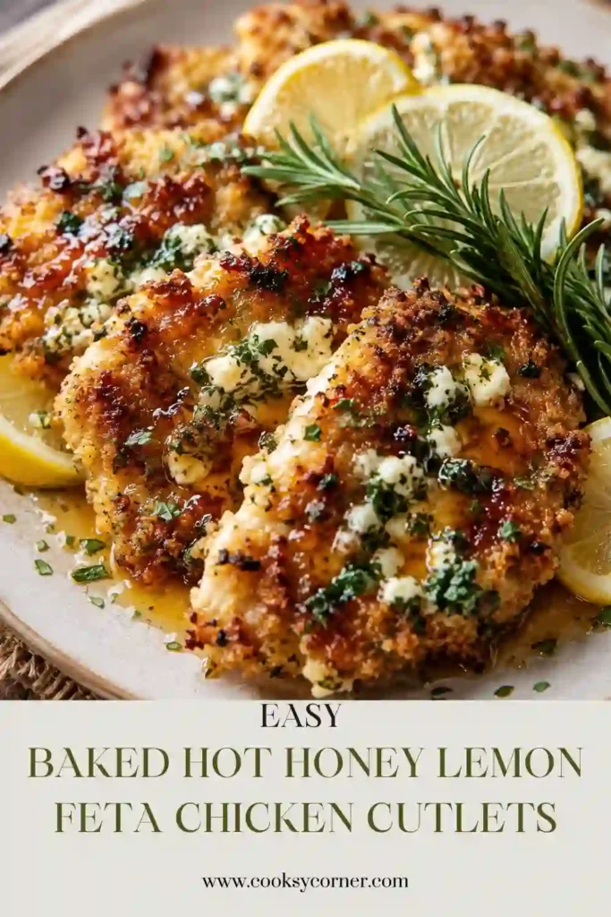 Hot honey chicken cutlets with a crispy herb crust, crumbled feta, fresh parsley, and lemon wedges. The baked chicken is finished with a glossy sweet and spicy citrus glaze.