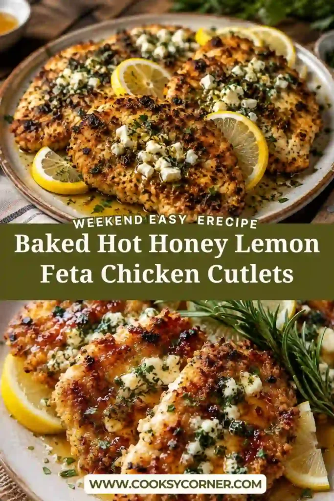 Golden lemon herb chicken with Parmesan panko coating, feta cheese, and hot honey lemon drizzle. These crispy baked chicken cutlets are garnished with fresh parsley and lemon.