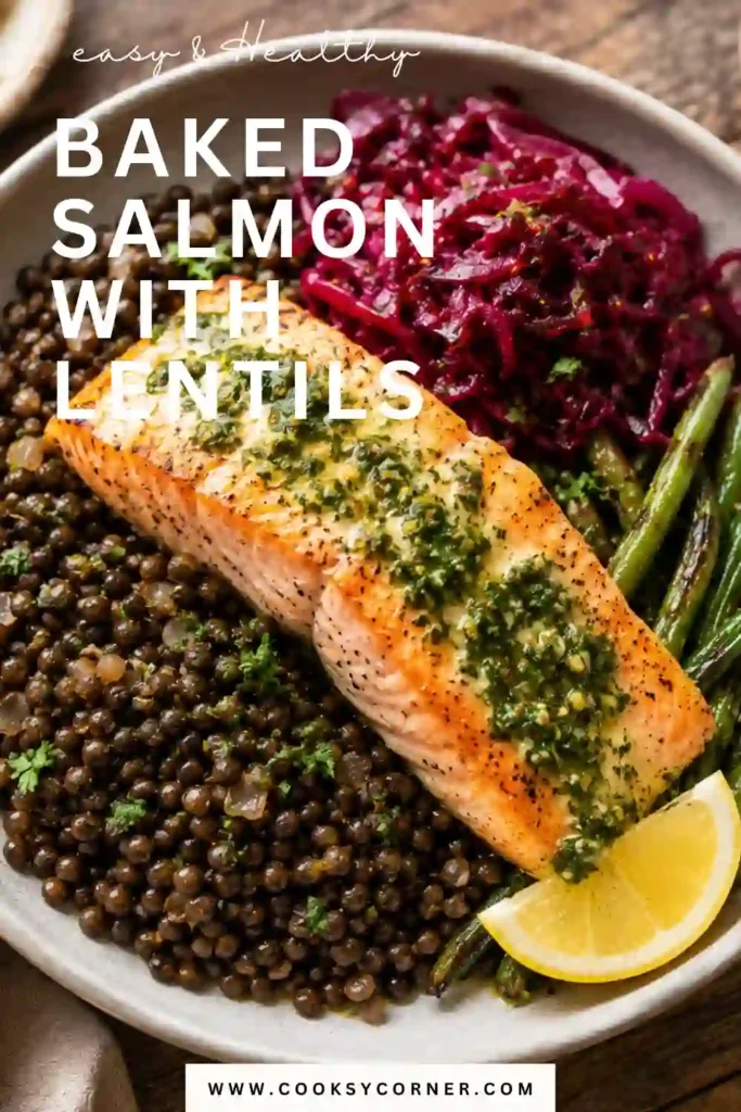 Fresh baked salmon paired with black lentils, quinoa, vegetables, and homemade lemon herb sauce. A healthy and balanced seafood dinner.