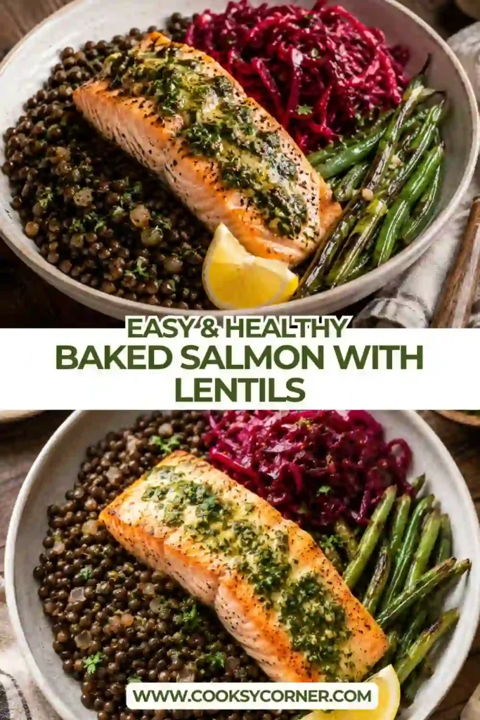 Oven baked salmon with lentils, quinoa, and green beans topped with homemade lemon herb dressing. A wholesome family dinner that's easy to prepare.