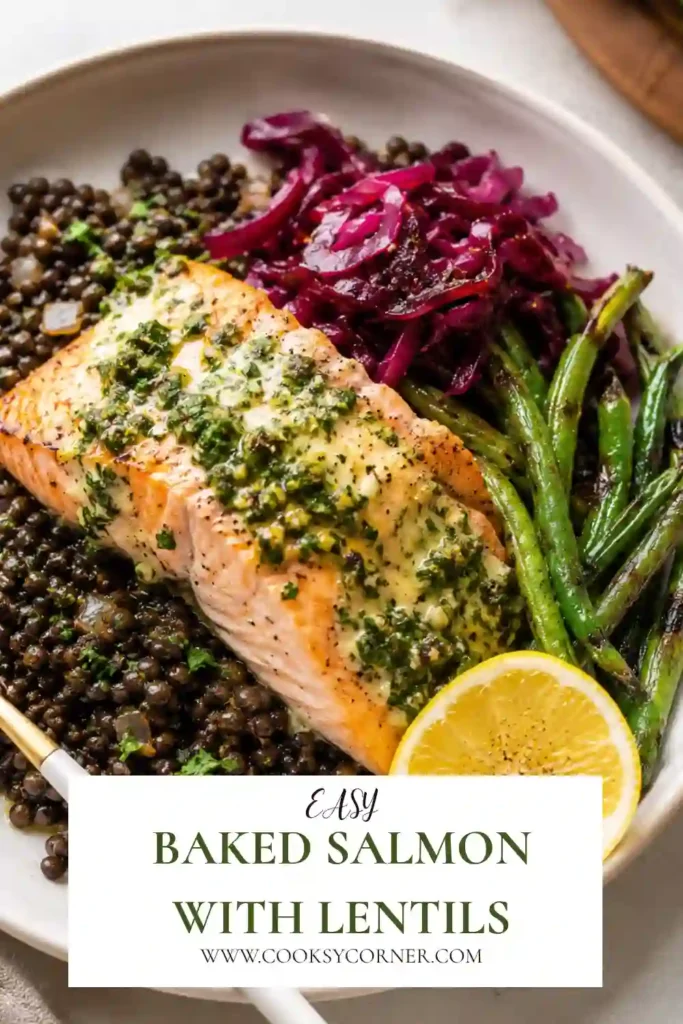 Perfectly baked salmon served over black lentils and red quinoa with green beans and fresh lemon herb sauce. This healthy baked salmon recipe makes a satisfying high-protein dinner.
