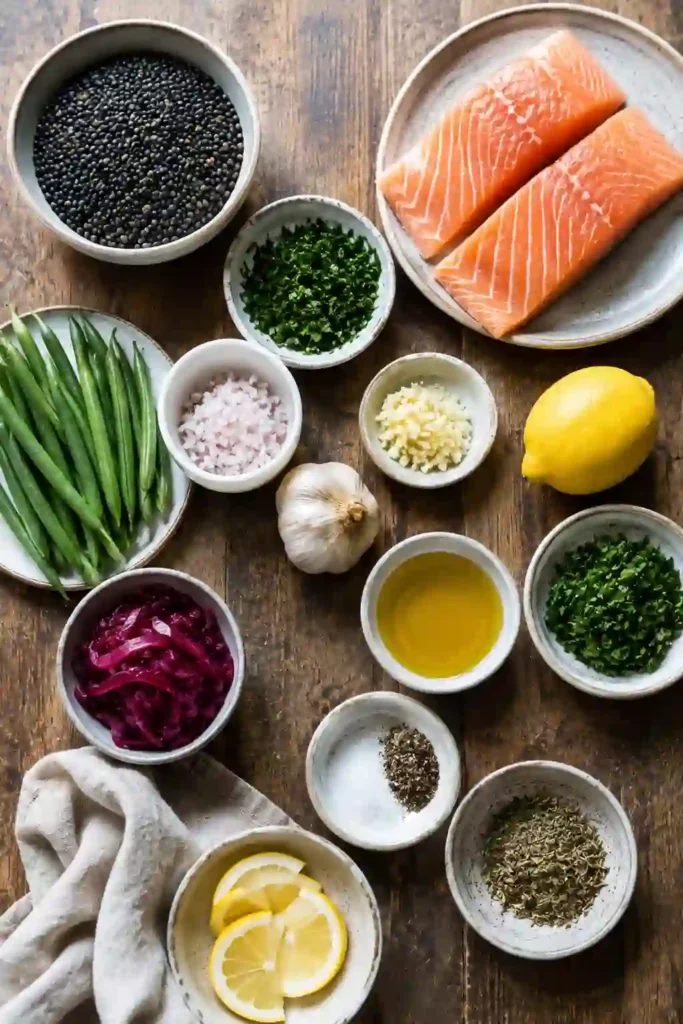 Healthy oven baked salmon with quinoa, lentils, green beans, and lemon parsley dressing. An easy weeknight meal full of wholesome ingredients.
