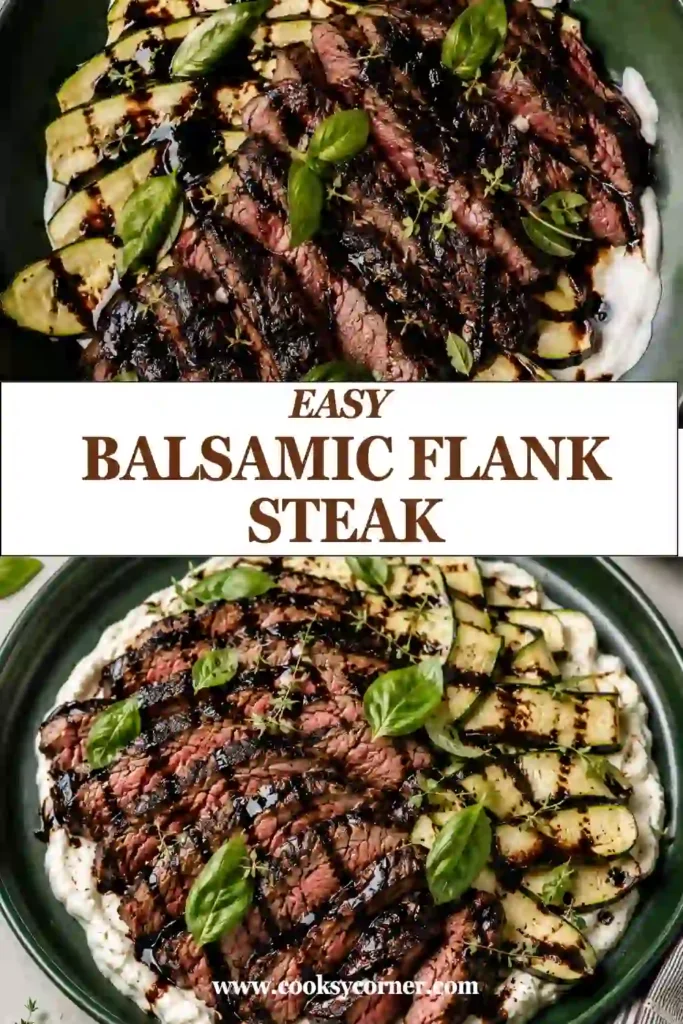 Sliced Balsamic Flank Steak arranged with smoky grilled zucchini and creamy whipped feta on a serving platter. The steak is finished with a dark, glossy balsamic glaze.