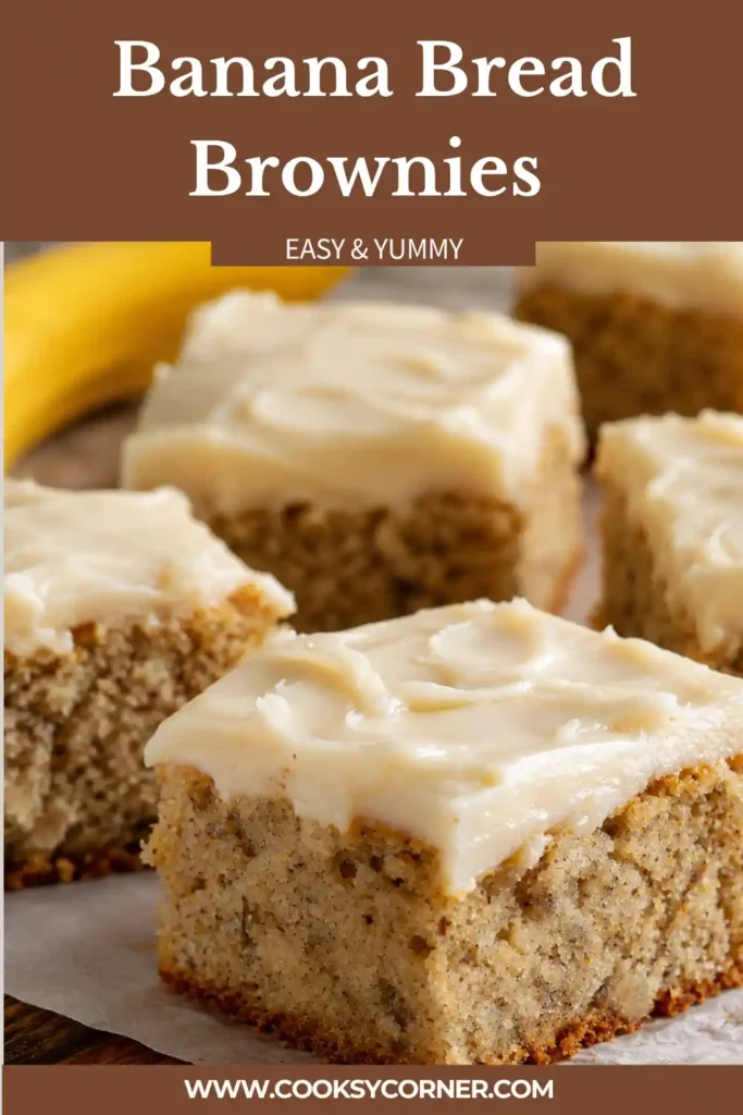 Homemade banana bread brownies arranged on a serving plate after baking. The moist banana dessert bars have a tender golden crumb and sweet banana flavor.