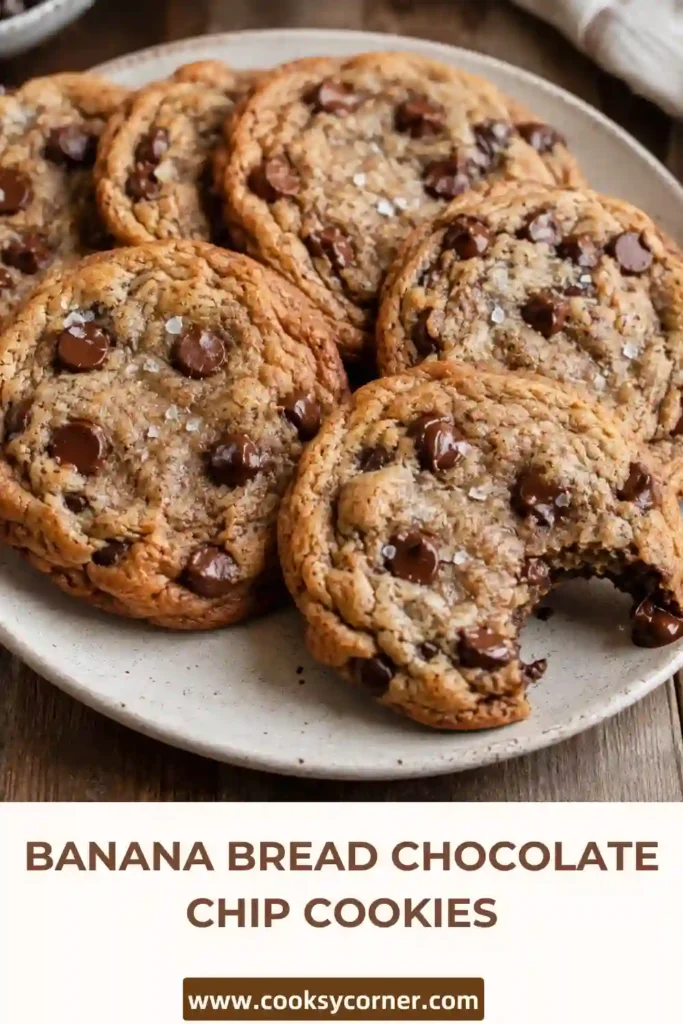 A batch of homemade banana bread cookies with soft centers and plenty of chocolate chips. Ripe banana and brown sugar give the cookies a moist, tender texture.