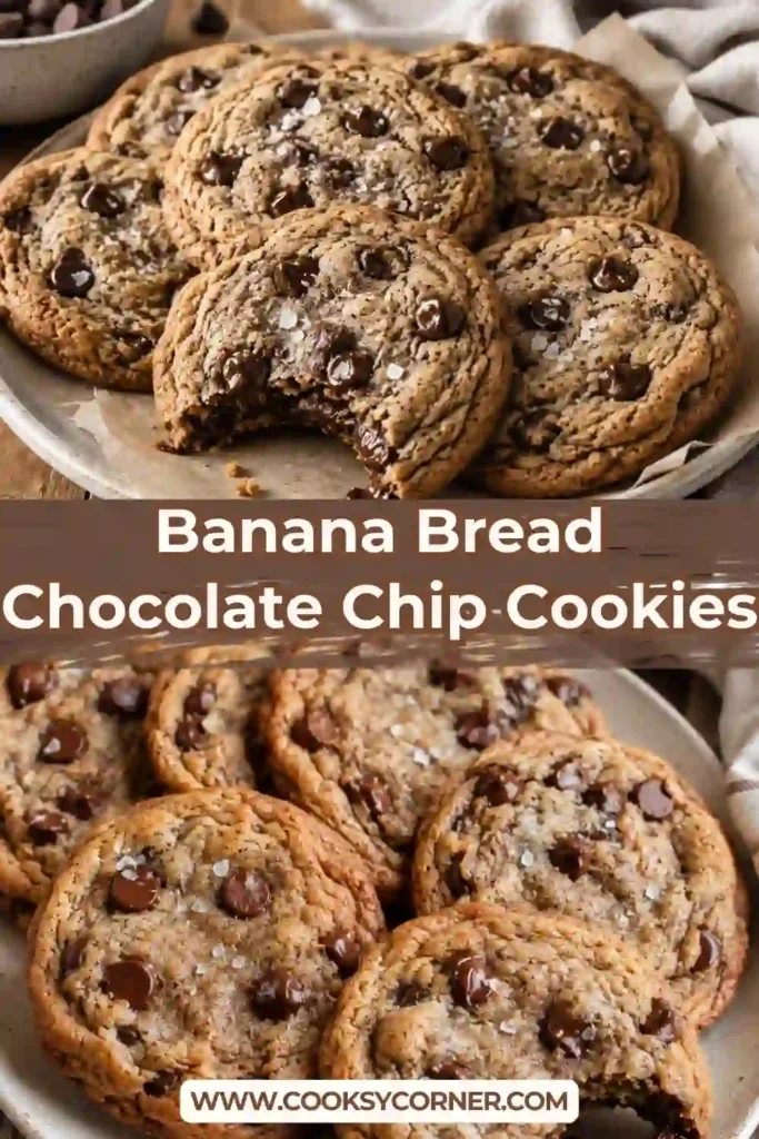Soft banana chocolate chip cookies arranged on a serving plate with golden edges and visible chocolate chips. These easy banana cookies combine ripe banana, cinnamon, and chocolate in every bite.