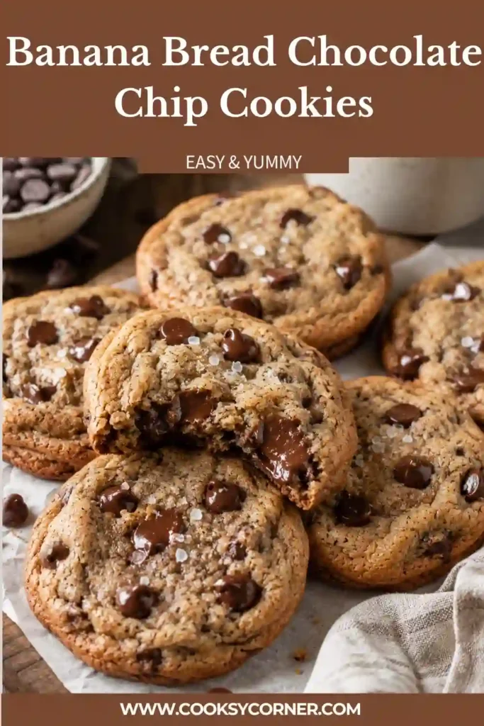 Freshly baked Banana Bread Chocolate Chip Cookies filled with melted chocolate chips and made with ripe banana. The cookies have soft centers and warm cinnamon banana bread flavor.