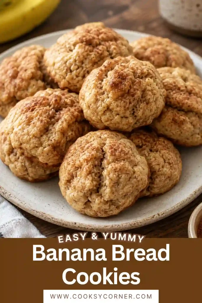 Golden Banana Bread Cookies served on a white plate with a glass of milk and fresh banana slices. The cookies have lightly crisp edges and soft centers.