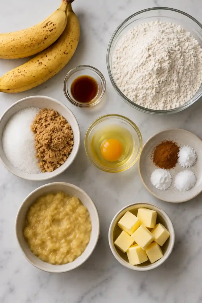 A plate of chewy Banana Bread Cookies with cinnamon sticks and ripe bananas on a marble countertop. The cookies are freshly baked and lightly golden.