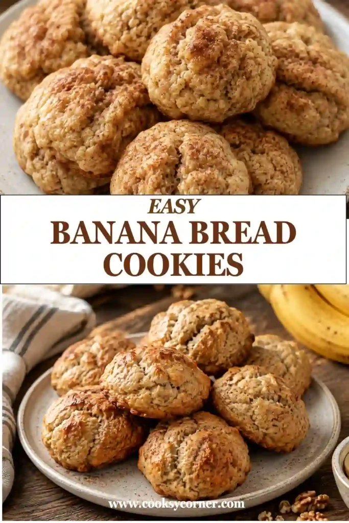 Freshly baked Banana Bread Cookies arranged on a rustic wooden board with mashed bananas, butter, and cinnamon in the background.