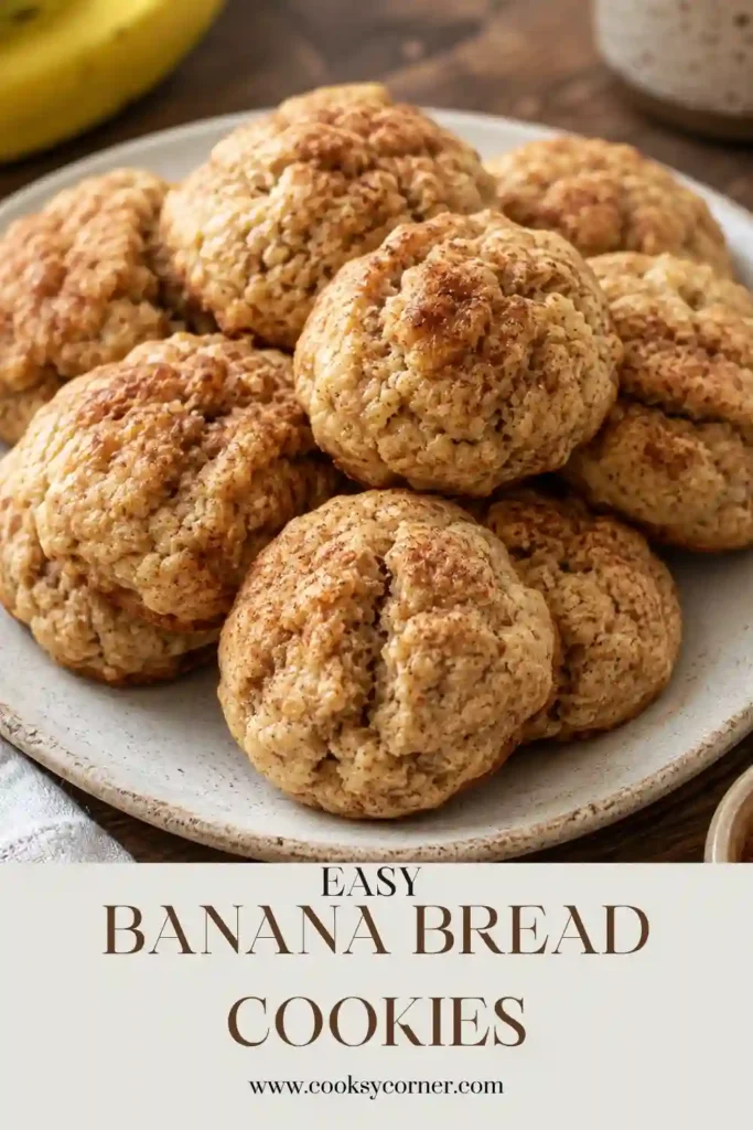 Soft Banana Bread Cookies stacked on a cooling rack with sliced bananas and cinnamon sticks nearby. The cookies are golden brown with a tender texture.