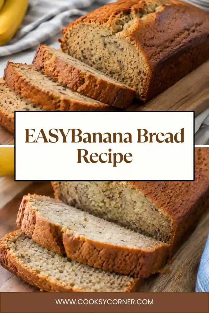 Freshly baked easy banana bread recipe made with ripe bananas, toasted walnuts, and raisins. The golden loaf is sliced to show its moist, tender interior.