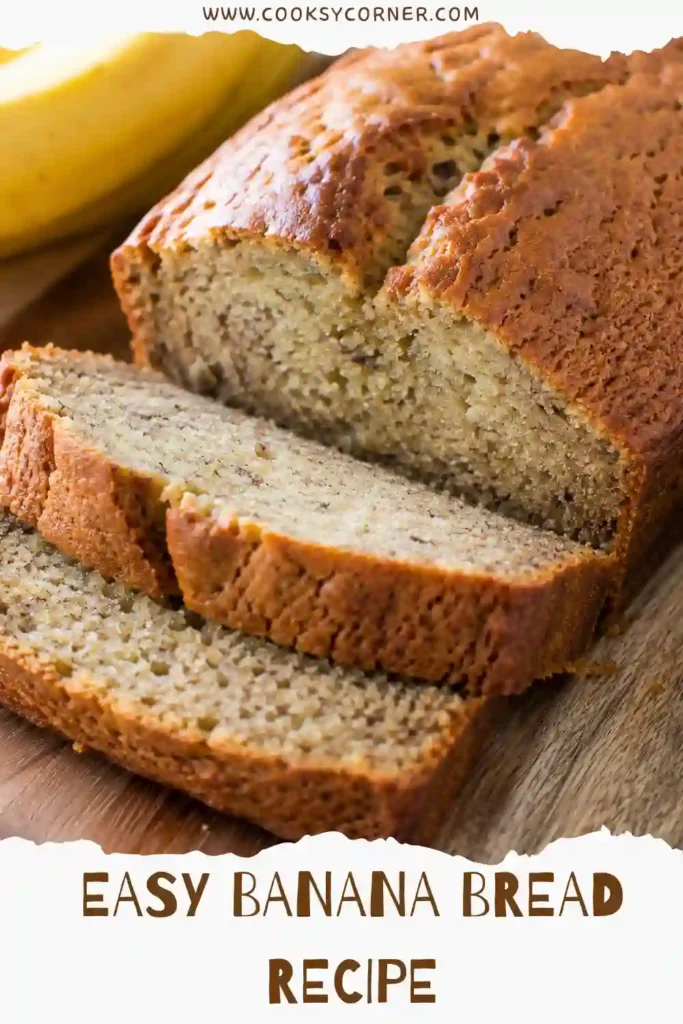 Moist Banana Bread Recipe sliced on a serving board with walnuts and ripe bananas nearby. The homemade banana bread has a soft golden crumb filled with raisins and crunchy walnuts.