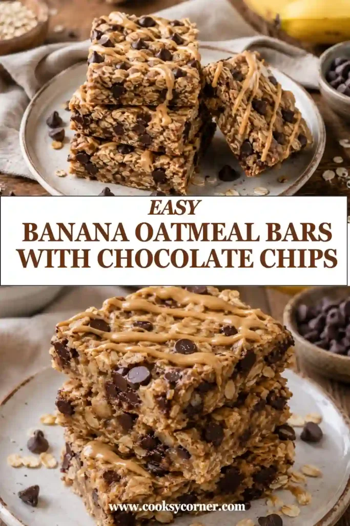 Healthy banana oat bars filled with rolled oats and chocolate chips and sliced into individual squares. Ripe bananas and nut butter give the oatmeal bars a soft, hearty texture.