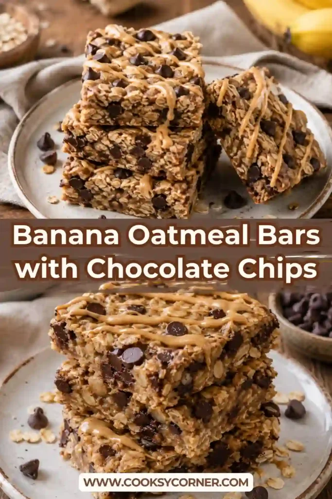 Banana Oatmeal Bars made with ripe bananas, rolled oats, creamy nut butter, maple syrup, cinnamon, and chocolate chips. The baked bars have a soft, chewy center with lightly golden edges.