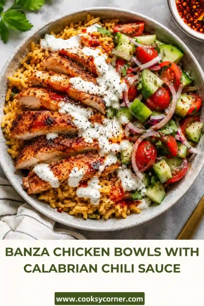 Fresh Banza Chicken Bowls with Calabrian Chili Sauce served with juicy chicken, crisp vegetables, and creamy spicy dressing. An easy healthy dinner for busy weeknights.