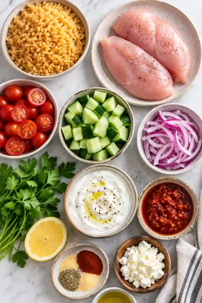 A bowl filled with sliced chicken, Banza rice, tomato cucumber salad, and creamy Calabrian chili sauce. This colorful high-protein chicken bowl is fresh, hearty, and perfect for meal prep.