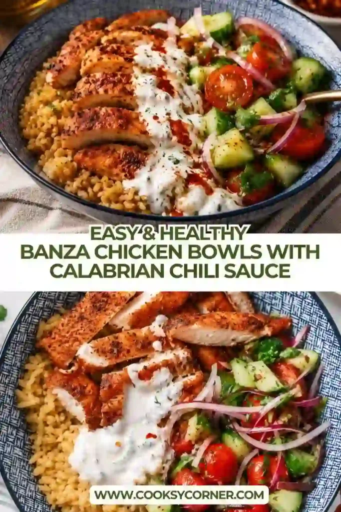 Healthy Banza rice bowl topped with seasoned chicken, tomato cucumber salad, parsley, and creamy Calabrian chili sauce. A Mediterranean-inspired high-protein meal.