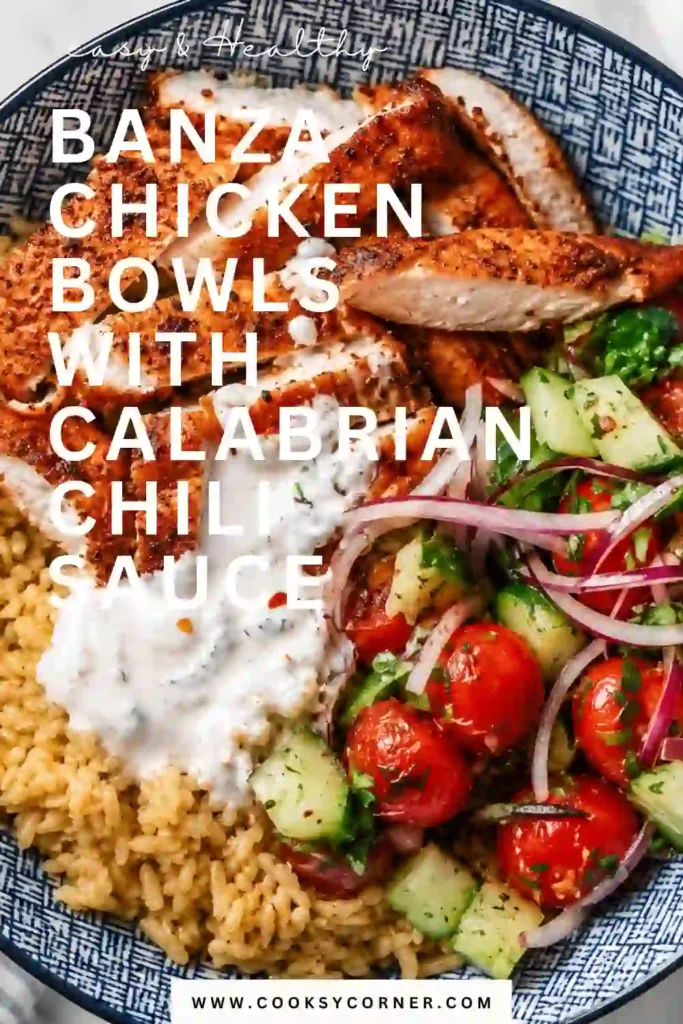 Close-up of Banza Chicken Bowls with Calabrian Chili Sauce featuring vibrant vegetables, tender chicken, and flavorful grain mix. Ideal for healthy lunches and family dinners.