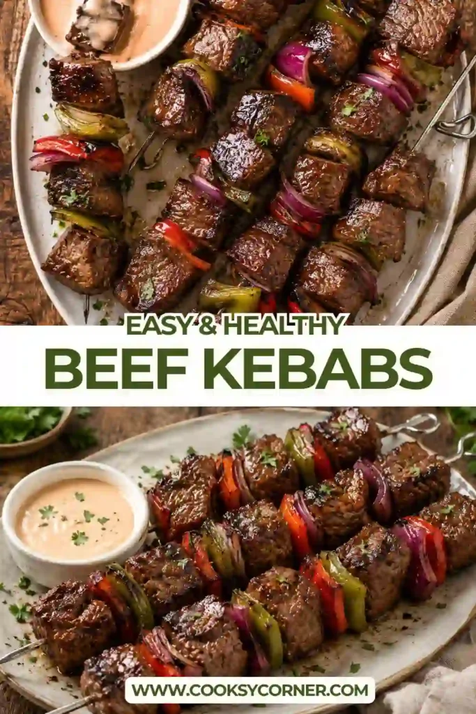 Close-up of Beef Kebabs featuring grilled steak, peppers, mushrooms, and onions served on a platter.