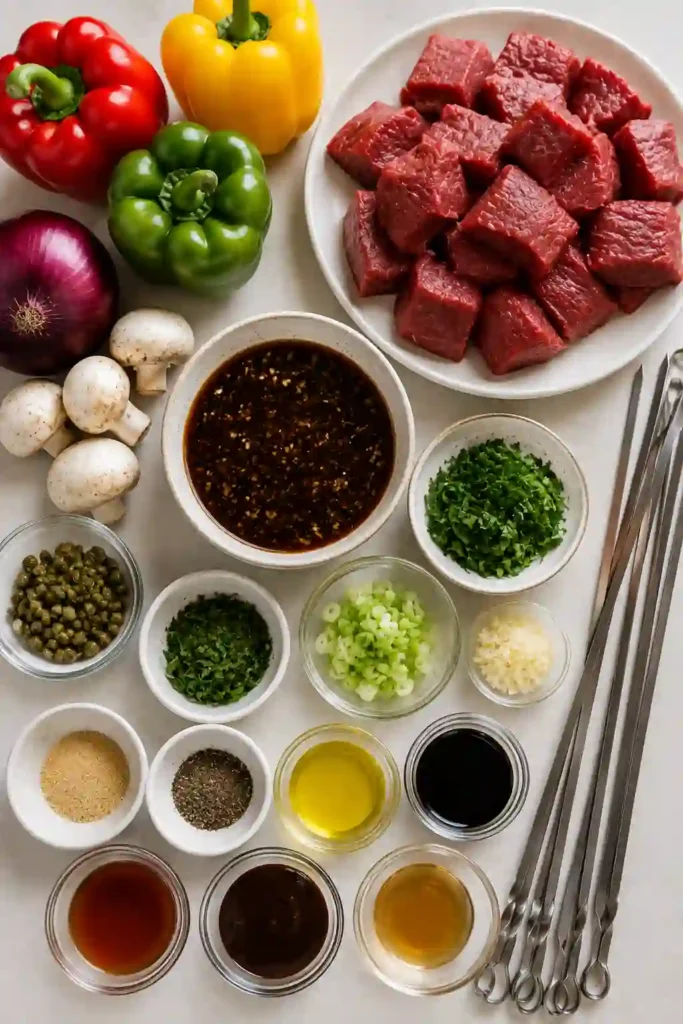 Freshly grilled Beef Kebabs served with lemon yogurt sauce and chopped parsley.