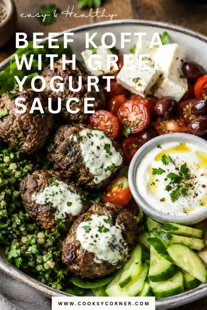 Beef Kofta with Greek Yogurt Sauce arranged on a serving plate with fresh herbs and a bowl of tangy yogurt sauce. The seasoned ground beef kofta has a browned exterior and tender center.