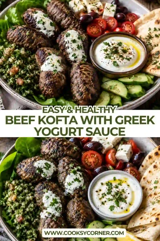Homemade beef kofta patties served warm with a creamy Greek yogurt sauce flavored with garlic, cumin, and fresh lemon. The browned kofta makes an easy and flavorful family dinner.