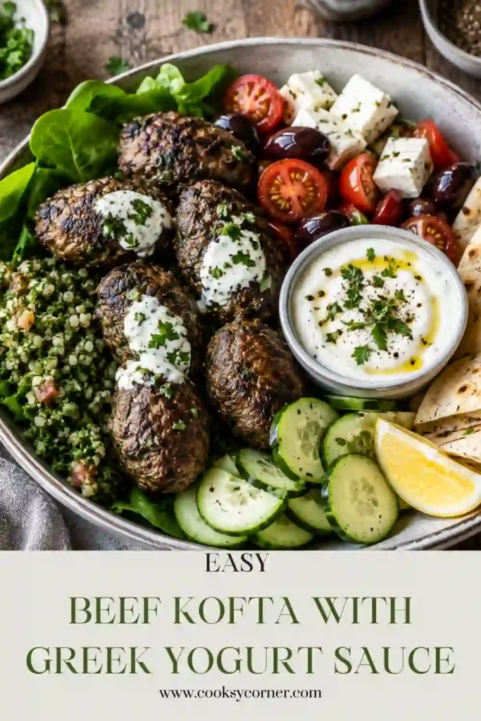 Beef Kofta with Greek Yogurt Sauce served with juicy za’atar-seasoned beef patties and creamy yogurt dipping sauce. Fresh herbs and lemon add bright flavor to this easy Middle Eastern-inspired meal.