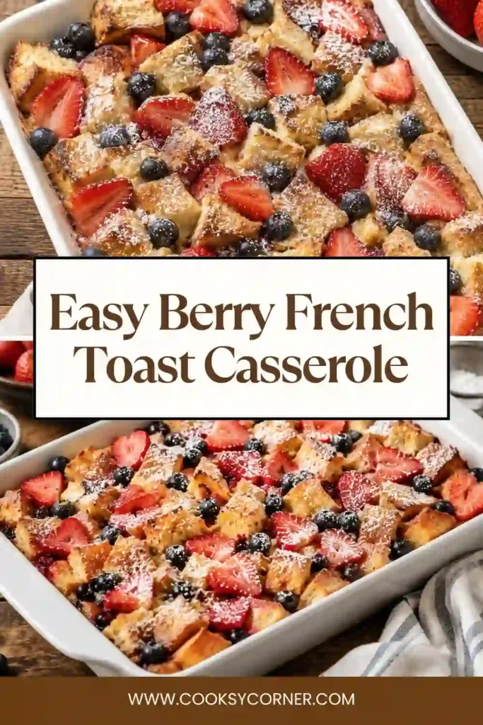A serving of Berry French Toast Casserole topped with strawberries, blueberries, and maple syrup.