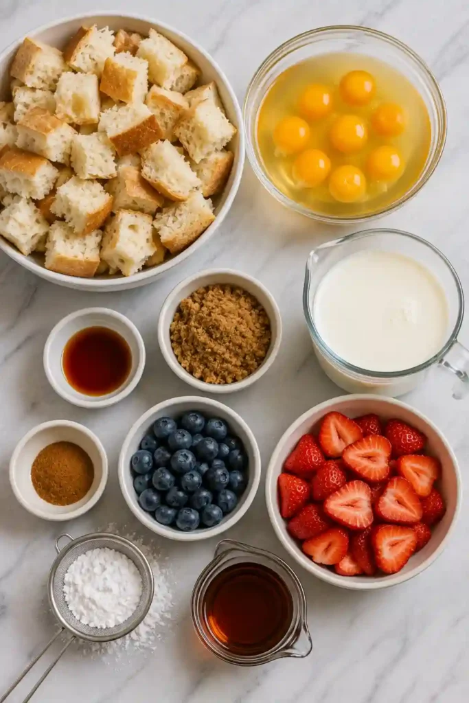 Berry French Toast Casserole served warm with maple syrup, fresh berries, and powdered sugar.
