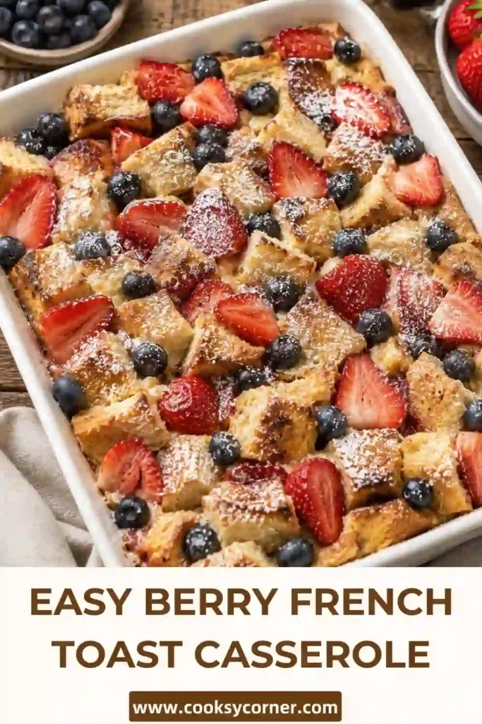 Berry French Toast Casserole baked with strawberries, blueberries, cinnamon, and powdered sugar in a casserole dish.
