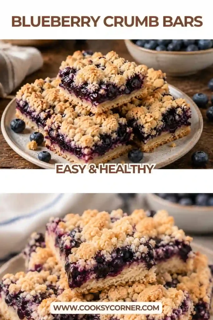 Freshly baked blueberry crumble bars cut into squares with a thick blueberry center and golden crumb crust. A simple homemade blueberry dessert made with fresh berries.