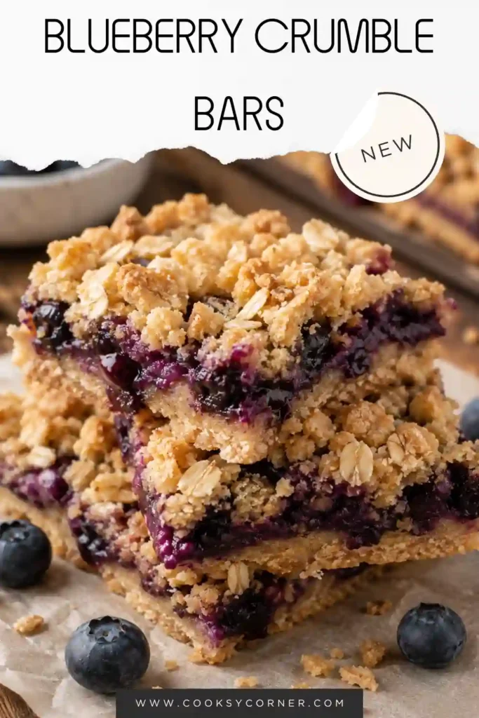 Blueberry Crumble Bars stacked on a serving plate with fresh blueberries scattered around and a golden oat crumble topping.