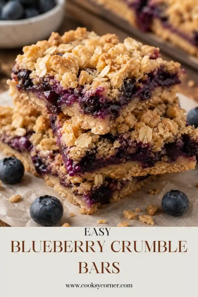A close-up of Blueberry Crumble Bars showing layers of buttery crust, thick blueberry filling, and crisp oat topping dusted with powdered sugar.