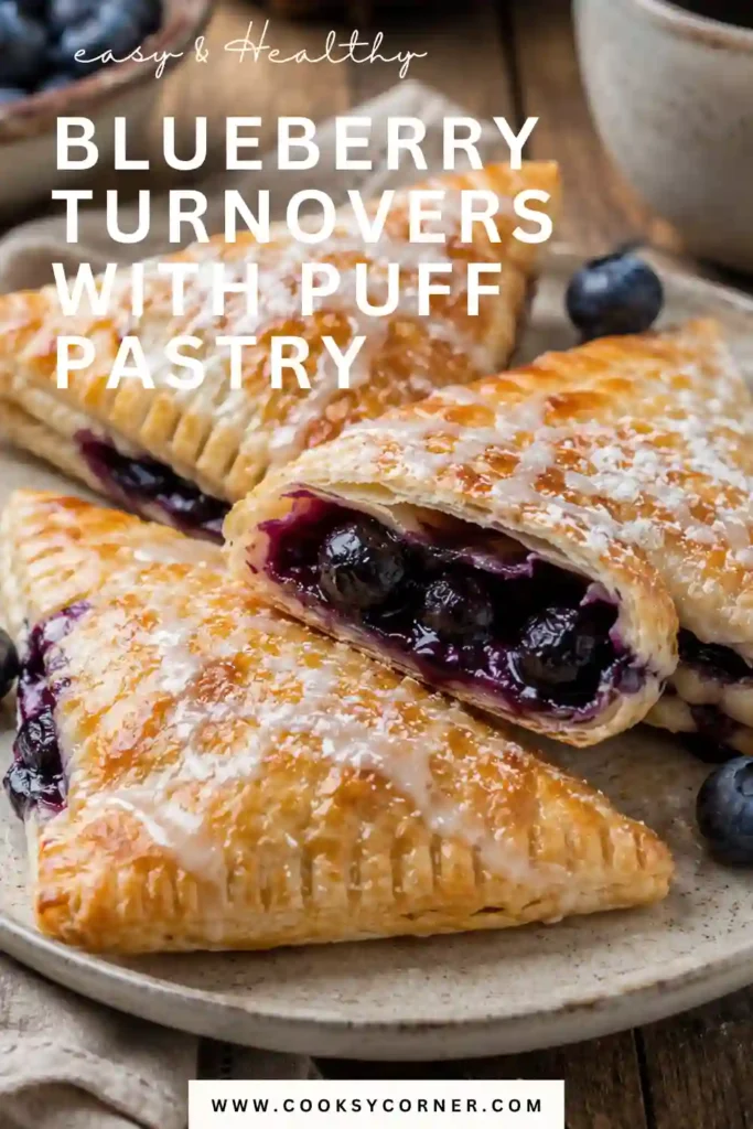 Blueberry Turnovers made with golden puff pastry and a juicy homemade blueberry filling. The flaky triangular pastries are finished with a delicate powdered sugar glaze.