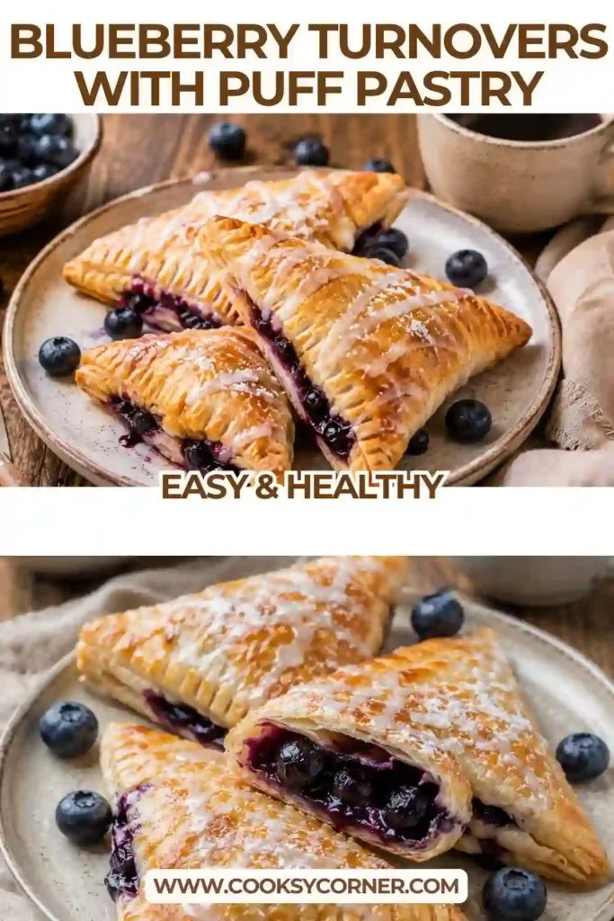 Blueberry puff pastry turnovers with flaky golden layers, juicy berry filling, and sweet vanilla-colored glaze. Fresh blueberries are scattered around the finished pastries.