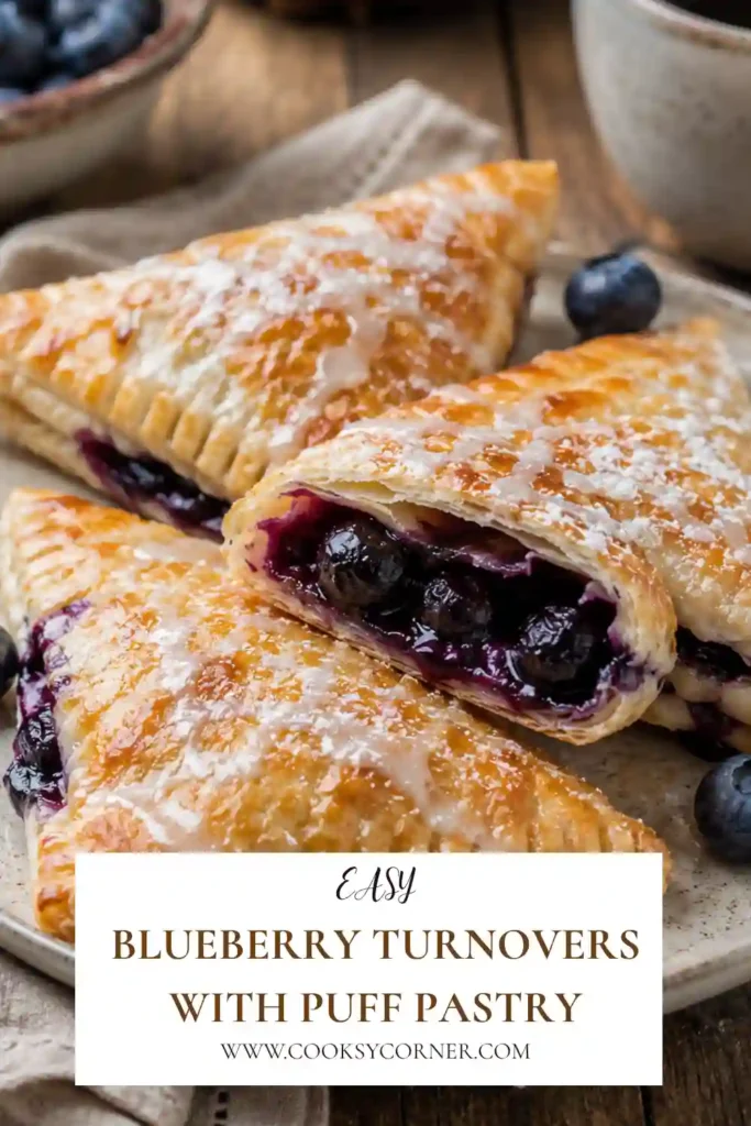 Easy blueberry turnovers filled with thick blueberry and lemon filling inside crisp puff pastry. White icing is drizzled over the golden baked pastries.