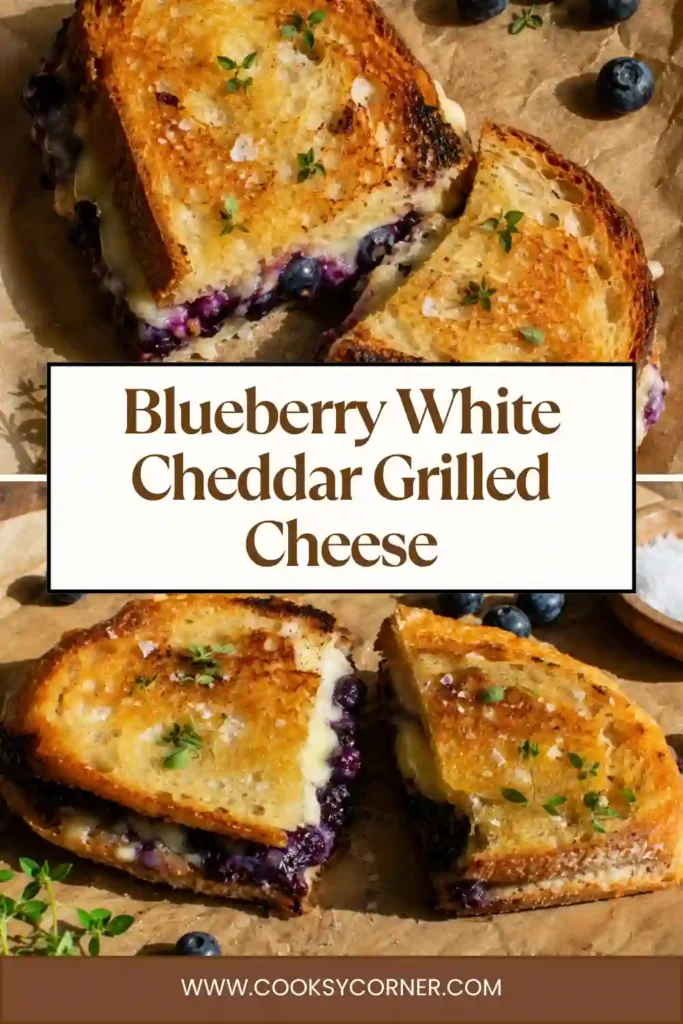 Golden sourdough grilled cheese filled with homemade blueberry lemon jam, white cheddar, and stretchy mozzarella. Fresh blueberries and lemon thyme surround the sweet and savory sandwich.