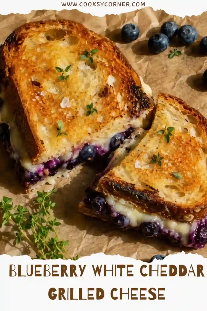 Blueberry White Cheddar Grilled Cheese made with golden sourdough, homemade blueberry jam, sharp white cheddar, and melted mozzarella. Fresh lemon thyme and flaky sea salt finish the sweet and savory sandwich.