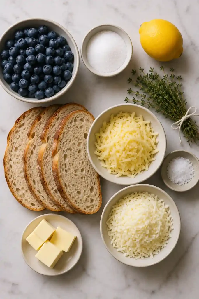 Blueberry cheddar grilled cheese featuring crispy buttered sourdough and a vibrant layer of blueberry jam with melted cheese. Flaky sea salt and fresh thyme add a simple savory finish.