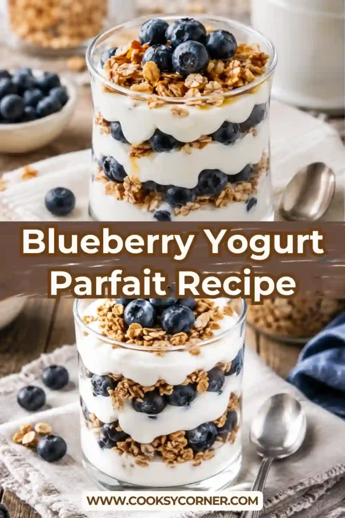 Healthy blueberry yogurt parfait topped with granola and fresh berries for a quick breakfast.