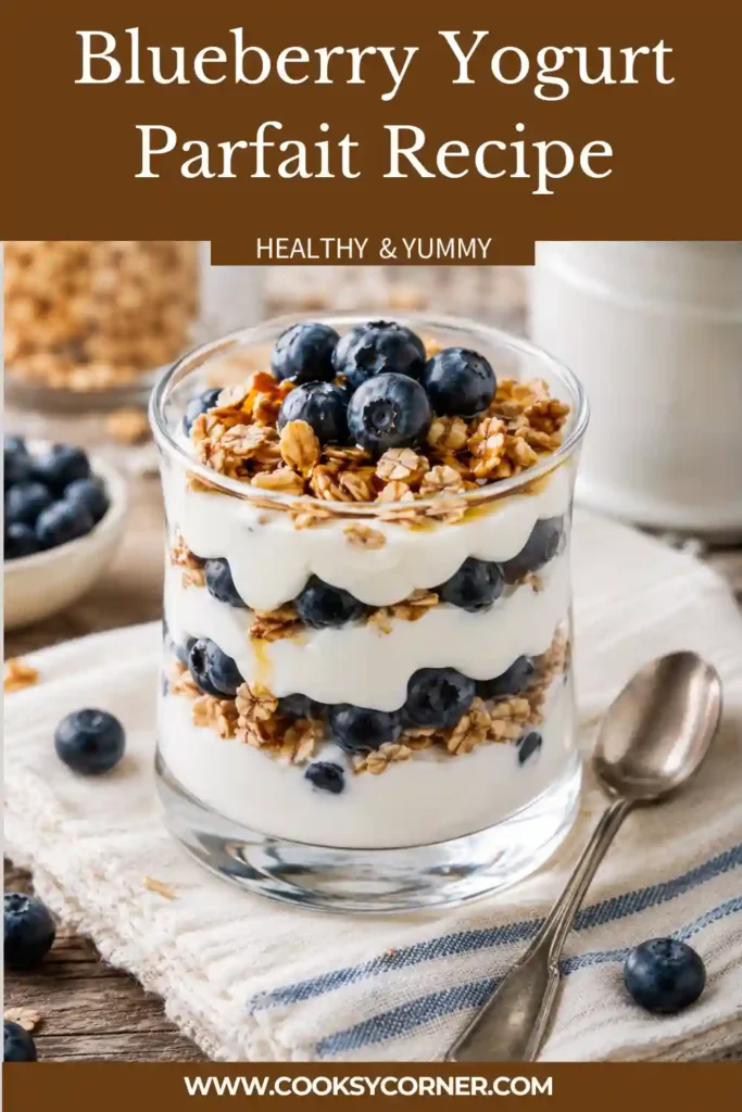 Blueberry Yogurt Parfait layered with creamy vanilla yogurt, fresh blueberries, and crunchy granola in a glass jar.