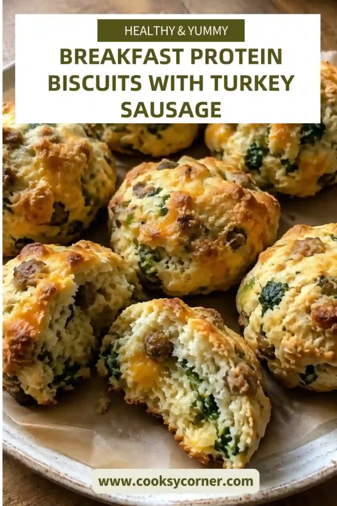 Freshly baked high protein breakfast biscuits with browned edges and visible pieces of turkey sausage, spinach, and cheddar cheese. These savory biscuits are made with protein-rich Greek yogurt and eggs.