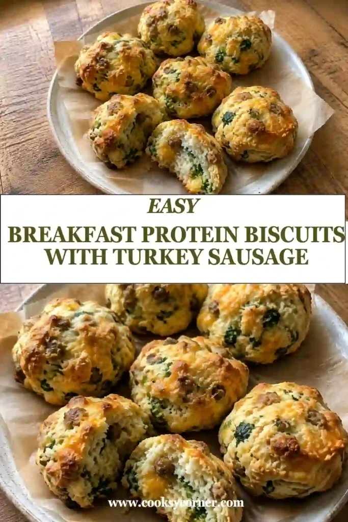 Breakfast Protein Biscuits made with turkey sausage, Greek yogurt, eggs, spinach, chives, and cheddar. The golden savory biscuits have tender centers filled with melted cheese and sausage.