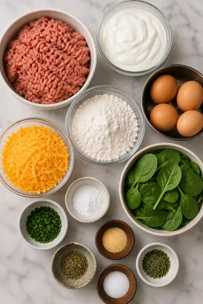 Homemade Breakfast Protein Biscuits stacked on a plate with melted cheddar, spinach, chives, and turkey sausage visible inside. The golden biscuits make a hearty savory breakfast.