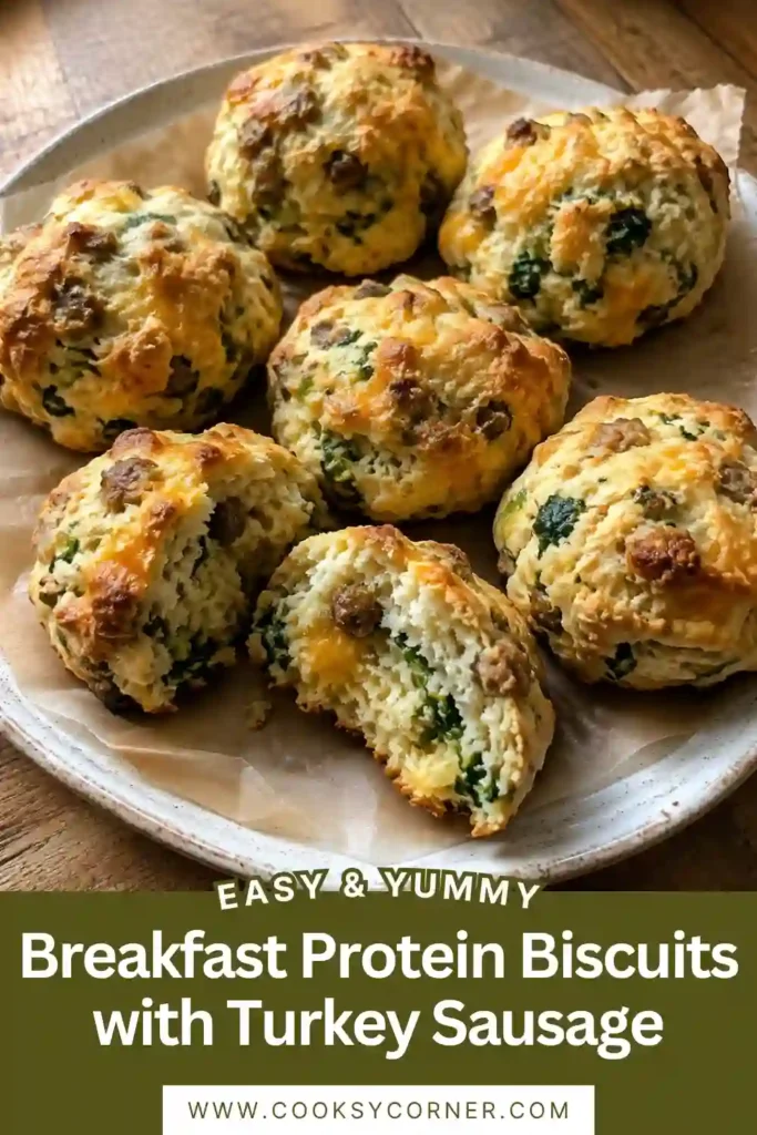 Turkey sausage protein breakfast biscuits fresh from the oven with golden tops and tender centers. Greek yogurt, eggs, cheddar, spinach, and herbs create a savory high-protein breakfast.