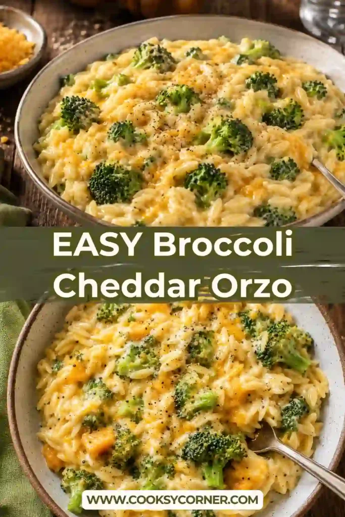 Creamy Broccoli Cheddar Orzo served in a bowl with fresh broccoli florets and cheesy orzo pasta. Sharp cheddar creates a golden, velvety sauce throughout the dish.