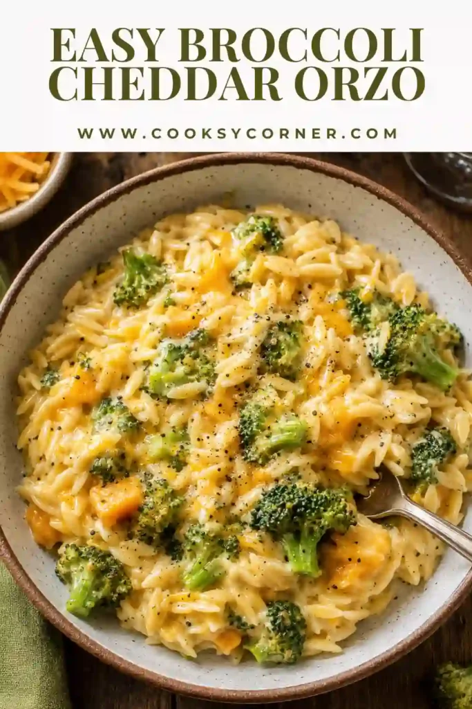 Broccoli Cheddar Orzo with tender green broccoli and creamy pasta coated in melted sharp cheddar. The one-pot orzo has a rich, glossy cheese sauce.