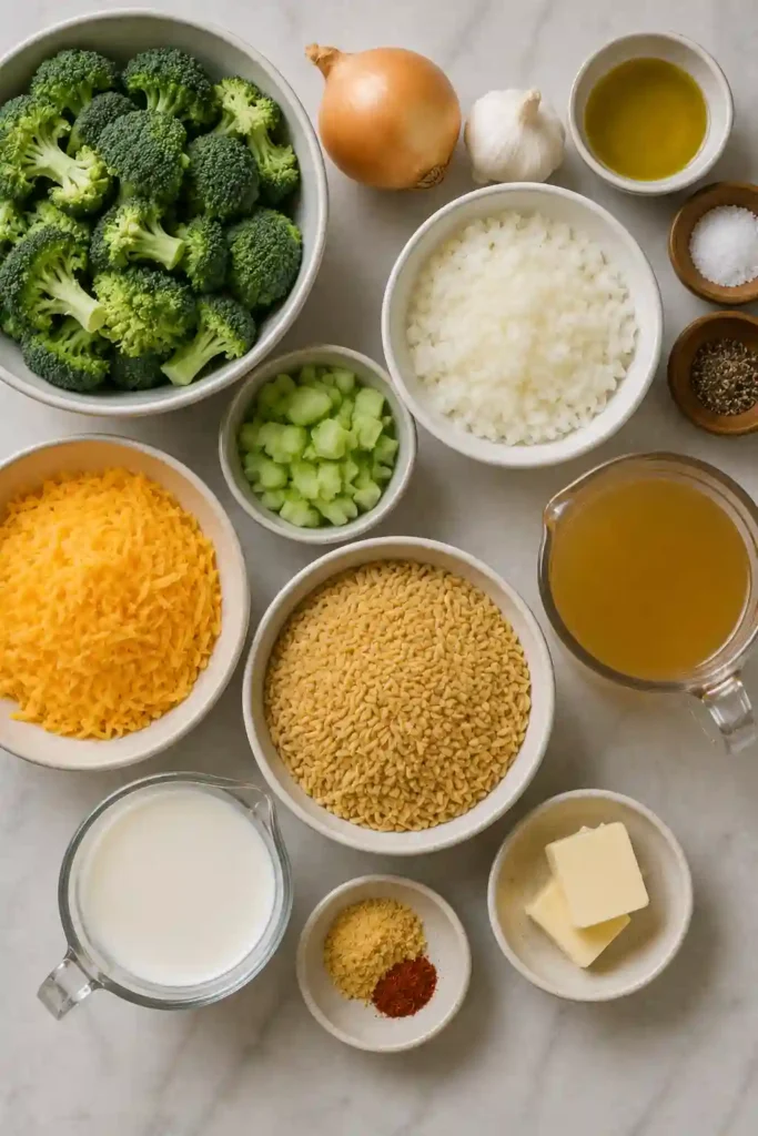 Cheesy broccoli orzo featuring tender florets mixed throughout creamy cheddar-coated pasta. The finished dish has a glossy golden sauce and vibrant green broccoli.